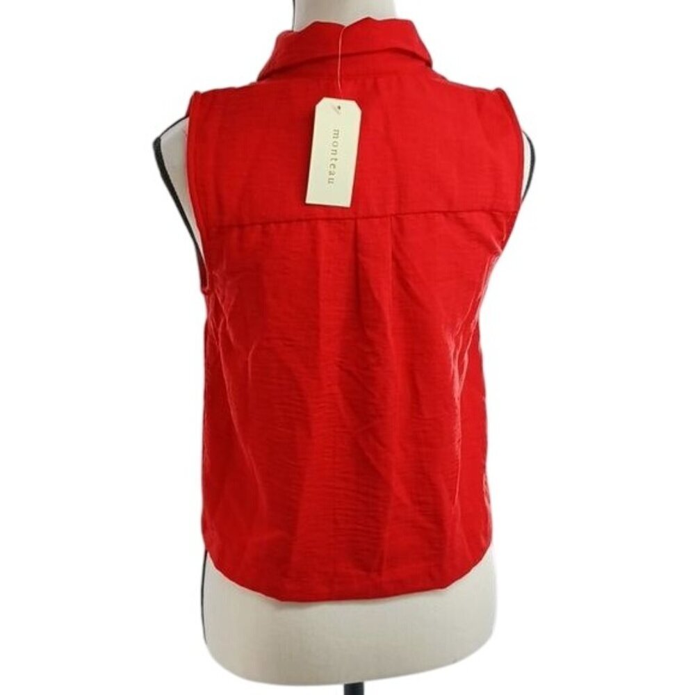 Monteau Womens Button Front Sleeveless Blouse Red Collared Size S - Picture 4 of 6